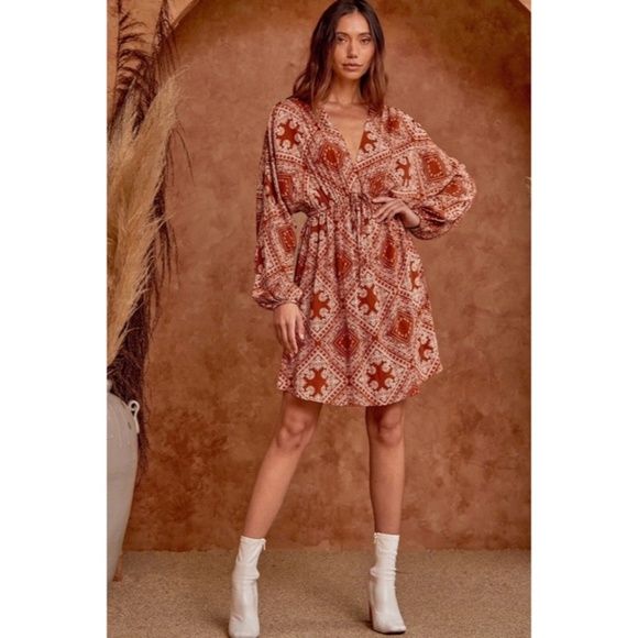 SOLD OUT Rust Patchwork Inspired Boho Long Dolman Sleeve Boho V-Neck Fall Dress - Picture 7 of 7